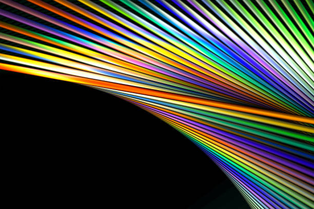Abstract geometric rainbow lines background. Fractal render. Colorful glowing lines with black copy space.