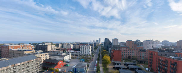 Aerial view of new buildings in Copenhagen suburb, Street \