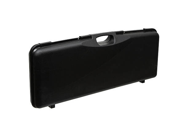 A black plastic gun case for carrying and storing firearms, featuring a handle and secure latches, isolated on a white background.