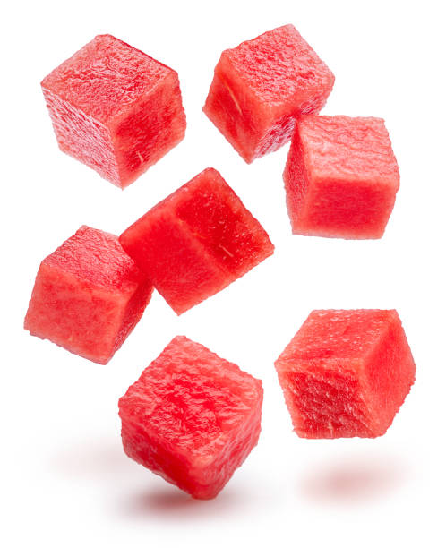 istock Watermelon cubes levitating in air on white background. File contains clipping paths. 2192371998