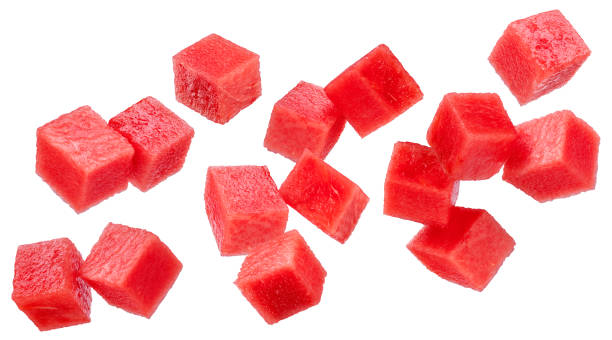 istock Watermelon cubes levitating in air on white background. File contains clipping paths. 2192371999