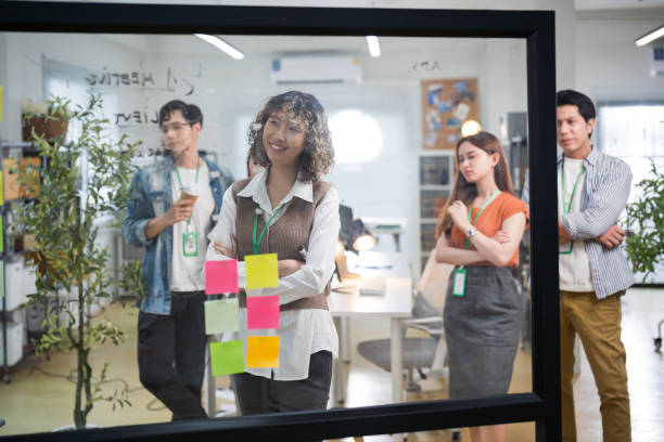 istock Group of young Asian professionals collaborating presentation project meeting in a modern office. Brainstorming innovative ideas for a new business venture. 2192372048
