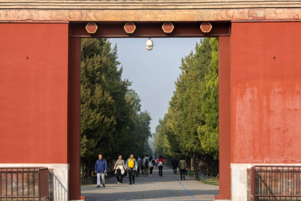Beijing, China- 1 Nov 2024: People walking around the Tiantan park in Beijing.  Through the famous Sanzuomen Gate inside the Temple of Heaven.