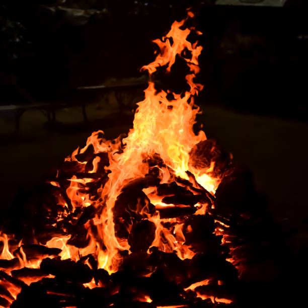 istock Fire flames on black background, Blaze fire flame texture background, Beautifully, the fire is burning, Fire flames with wood and cow dung bonfire 2192377084
