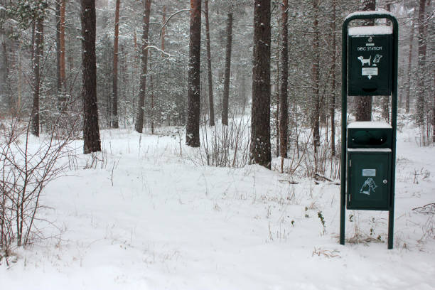istock Public dog station in winter park 2192380815