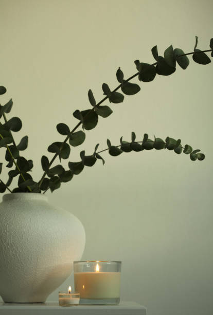 istock Evening still life. Leaf eucalyptus bouquet in bowl and burning candle on beige interior. Selective soft focus. Minimalist still life. Light and shadow nature background. 2192382659