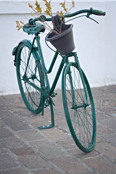Part of a vintage bicycle in a bike shop.