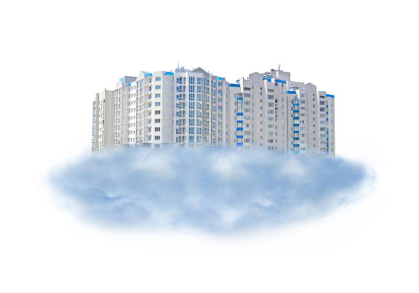 multistory modern house on the clouds isolated on white background. Image of a multi-storey building for advertising. Industrial concept. Modern apartment building