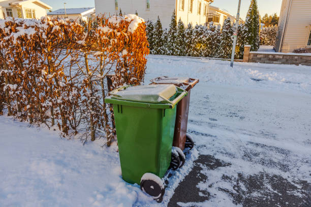 istock Green and brown garbage bins for sorting waste stand next to snow-covered hedges and villas. Sweden. 2192405292