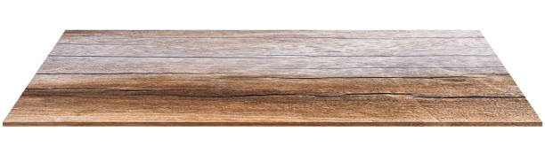 Wood Table isolated on White Background,Perspective Close up brown wooden table with abstract nature texture for material  for studio room decoration,Top view plank dark brown wood floor with driftwood grain surface with clipping path