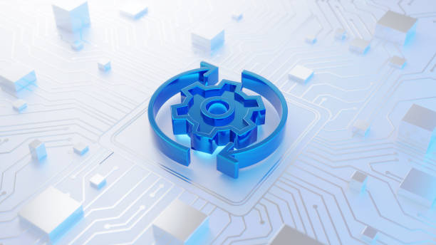 istock Blue Technology Gear with Round Arrows on a Circuit Board Representing Automation and Engineering 2192418916