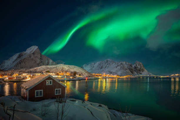 Beautiful and dancing northern light or aurora borealis over the famouse tourist destination Lofoten Island, Norway