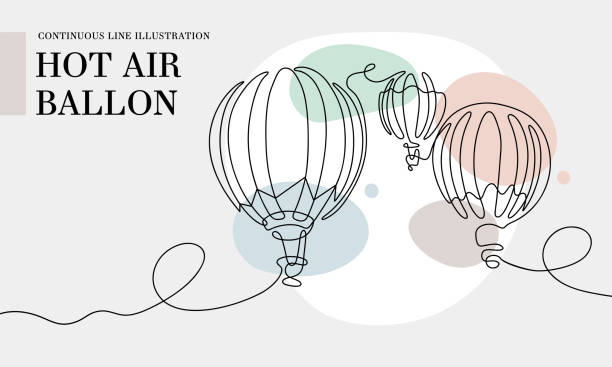illustrations, cliparts, dessins animés et icônes de dessin au trait continu de montgolfière avec des formes de couleur - montgolfière