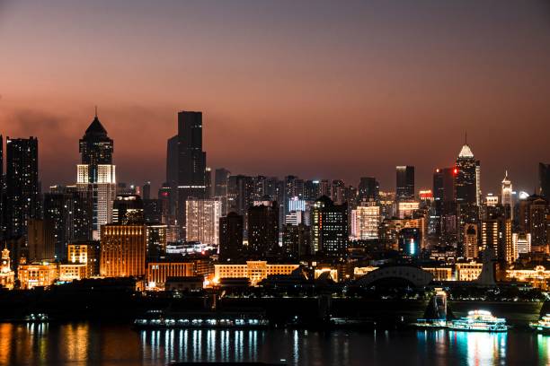 istock Night skyline with illuminated skyscrapers. 2192426256