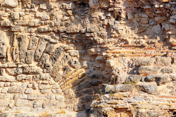 Weathered antique wall, ancient roman brick masonry, horizontal grunge background, Varna, the Black Sea coast of Bulgaria