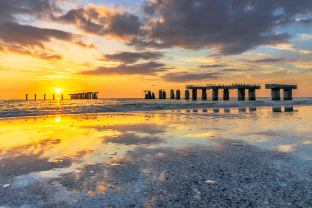 A stunning sunset at Boca Grande old railroad track pier casts a warm glow over the ocean, with scattered clouds reflecting beautifully on the water's surface. Seabirds rest on old pier structures that stretch into the horizon. Boca Grande, Gasparilla Island, Florida. 1/29/23