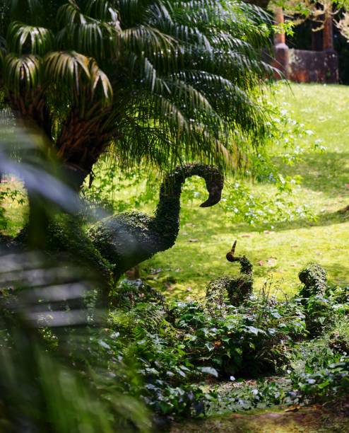 Topiary dinosaur sculptures in a lush garden setting with vibrant greenery and sunlight filtering through palm leaves.