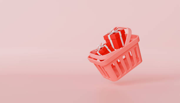 istock Shopping basket with giftbox, gift boxes fly and fall to shopping cart 2192443650