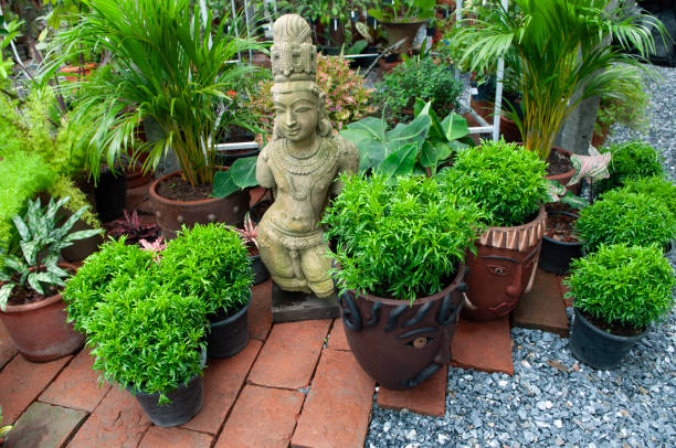 Beautiful garden in asian style design with various of tropical plants, flower pots and antique imitation stone statues.