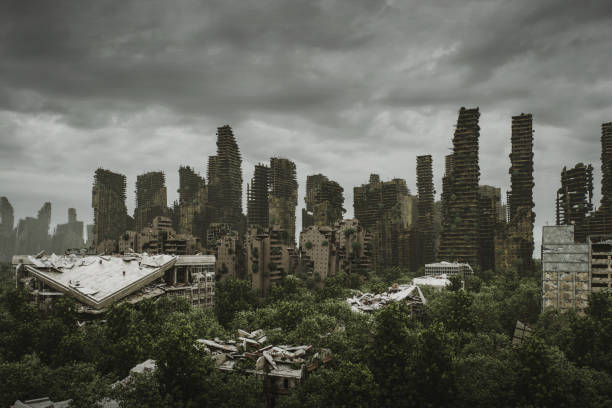 Digitally generated (without the use of any A.I. tools or technologies) urban cityscape that stands abandoned as nature reclaims it, with green vegetation covering dilapidated skyscrapers and buildings. The scene is set under a cloudy sky, creating a mysterious and somber atmosphere. This image highlights themes of nature's resilience and the passage of time in a post-apocalyptic setting. The scene was created in Autodesk® 3ds Max 2025 with V-Ray 7 and rendered with photorealistic shaders and lighting in Chaos® Vantage with some post-production added.