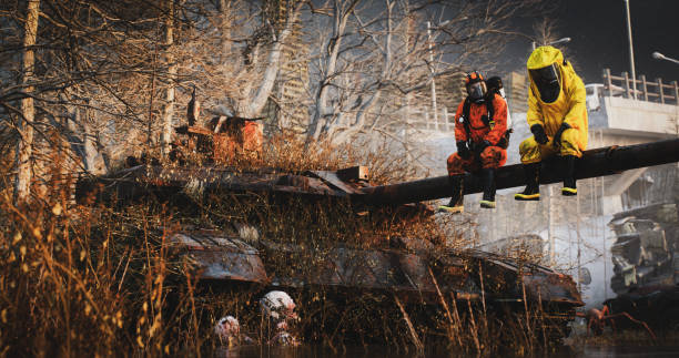 Digitally generated (without the use of any A.I. tools or technologies) two individuals in colorful hazmat suits sit on the barrel of an abandoned tank in a post-apocalyptic setting. The surrounding area is overgrown with weeds and the eerie scene suggests a world devastated by disaster or conflict.The scene was created in Autodesk® 3ds Max 2025 with V-Ray 7 and rendered with photorealistic shaders and lighting in Chaos® Vantage with some post-production added.