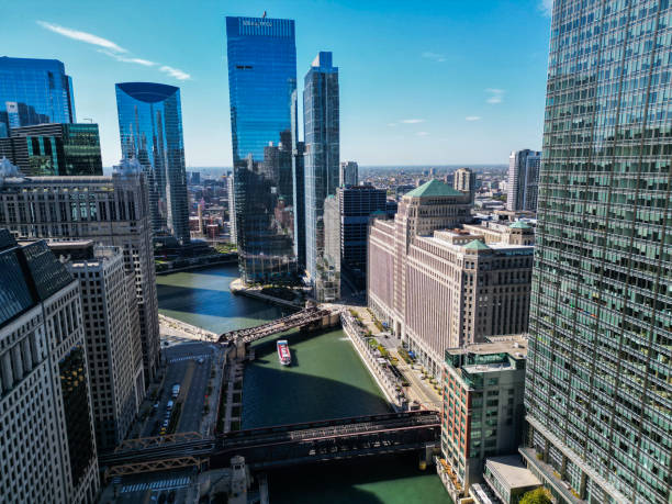 Chicago, USA - October 08, 2024: Downtown architecture and river. Chicago River in City. Chicago city downtown. Skyscraper architecture. City cityscape. Cityscape with skyscraper building, Illinois.