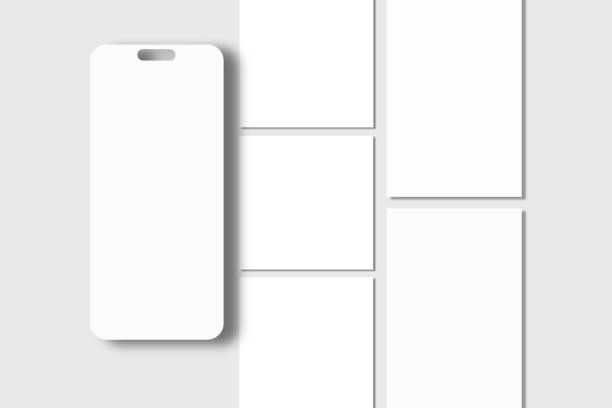 istock Smartphone mockup with social media post and stories interface mockup. Social media mobile app page template design for user carousel post feed. Minimal design interface template of social network 2192454349