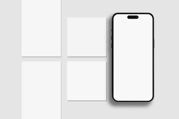 istock Smartphone mockup with social media post and stories interface mockup. Social media mobile app page template design for user carousel post feed. Minimal design interface template of social network 2192454354
