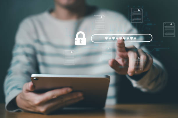 istock Lock password from Laptop or smartphone. Cyber security to protect personal data privacy from data leak and online technology crime. While using finance business application before login credential. 2192456649