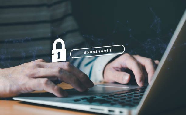 istock Lock password from Laptop or smartphone. Cyber security to protect personal data privacy from data leak and online technology crime. While using finance business application before login credential. 2192457298