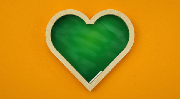 Heart-shaped chalkboard, green chalk surface, wooden frame, bright yellow background, minimalist design, education concept, love of learning, vibrant colors, clean aesthetic, centered composition, simple yet striking, empty chalkboard, ready for message, symbolic imagery