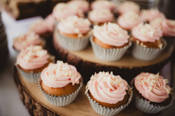 Close up of strawberry vanilla cupcakes with white chocolate
