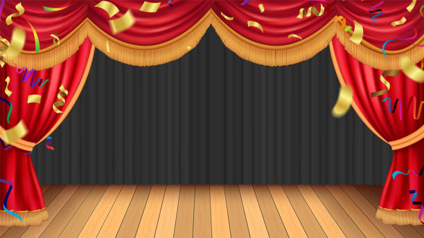 istock Background with red curtain and arch banner. Design for presentation, concert, show. Vector illustration 2192459971
