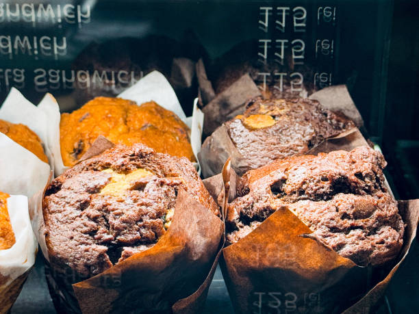 Freshly baked chocolate muffins displayed with a visible price label reflecting inflation's impact