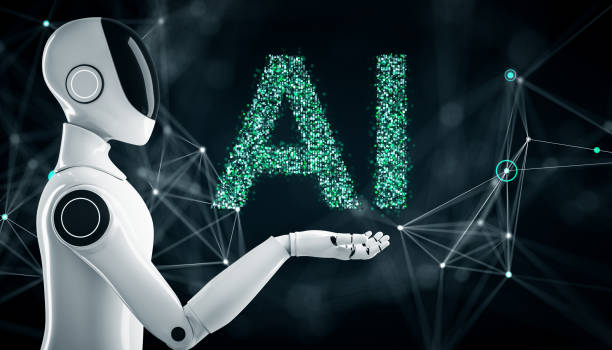 istock Robot presenting AI text with glowing particles and neural network connections in futuristic black background concept. 3D Rendering 2192466410