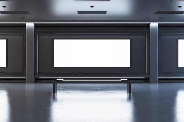 istock Minimalist gallery interior with blank wall panels and a bench, illuminated by modern lighting. 3D Rendering 2192466464
