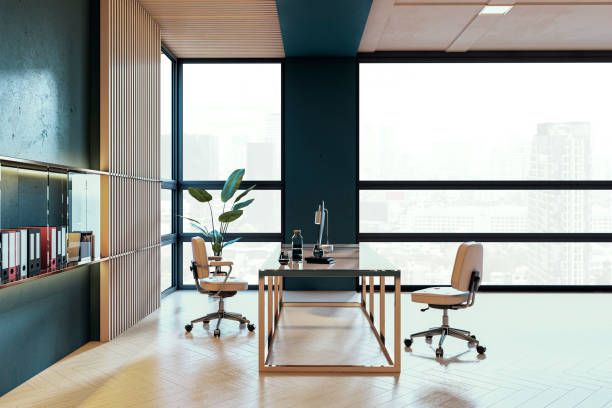 istock Modern executive office with large windows, sleek furniture, and minimalist decor, featuring wooden accents and urban city view. 3D Rendering 2192466522