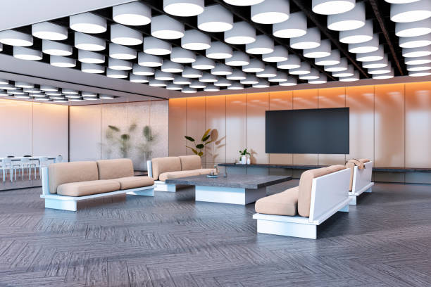istock Modern spacious office lobby with beige sofas and stylish decor in contemporary design. 3D Rendering 2192466538