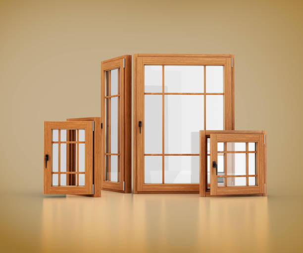 istock Set Of Four Wooden Framed Windows In Different Sizes With Multiple Glass Panes 3D Illustration 2192468143