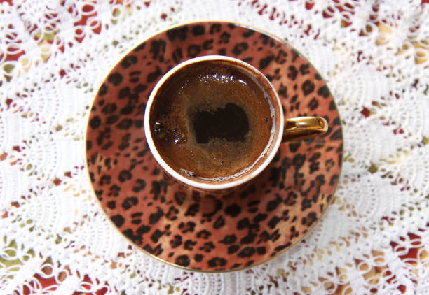Traditional Cup of Turkish Coffee isolated on White Lace in Adana, Turkey