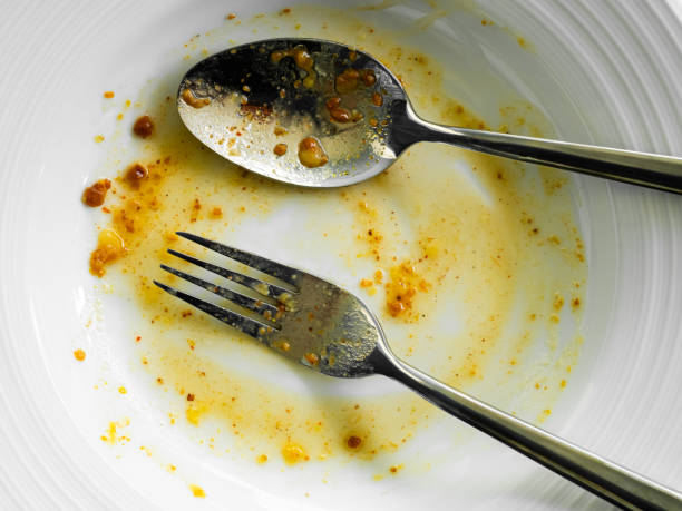 istock Dirty plate top view background, finished eat dinner in restautant, abstract textuer stain smearing drip sauce bbq jam chilli jelly on ceramic breakfast, concept for clean hyginene product. 2192472780