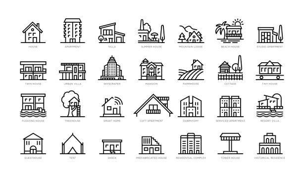 ilustraciones, imágenes clip art, dibujos animados e iconos de stock de íconos de espacios residenciales y habitables - lugar turístico