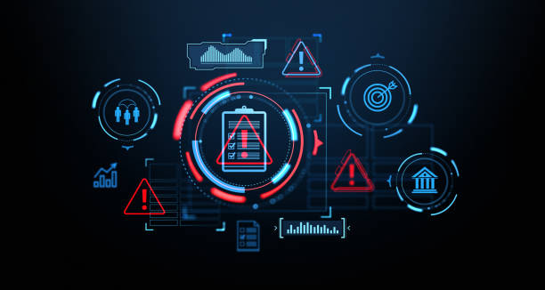 istock Digital infographic with warning signs, checklist, and icons on a dark technology interface background. 3D Rendering 2192479312