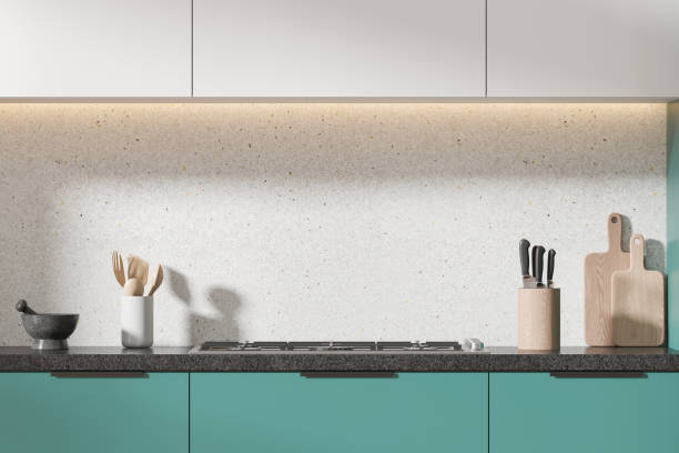 istock Modern home kitchen interior with dark counter and gas stove 2192479918