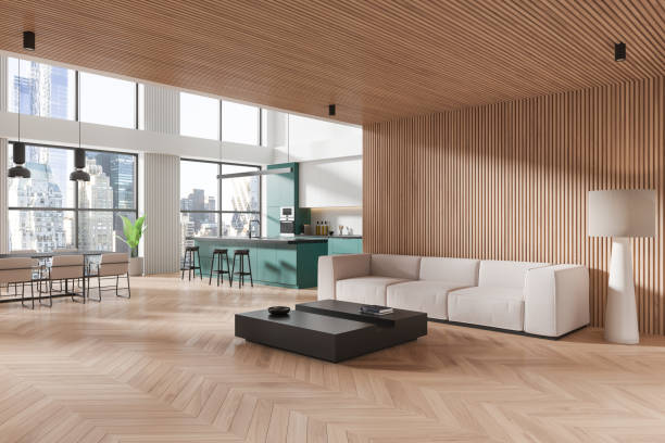 istock Wooden home interior with rest and dining zone, panoramic window 2192480497