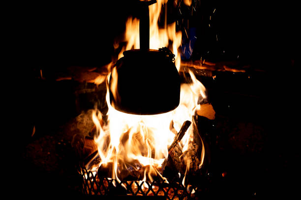 Soup Cooking on fire inside a Kota Cabin in Lapland Finland detail