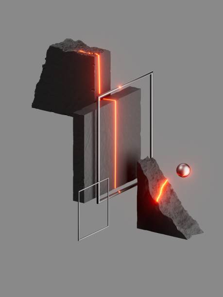 istock 3d rendering. Abstract composition of broken concrete blocks and metallic frames with red neon accents, levitating, isolated on neutral background. Zero gravity concept 2192482276