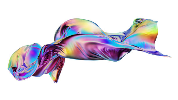 istock 3d render. Abstract fashion background. Iridescent multicolored drapery floating and waving over a white. Silk textile with holographic foil effect is blown by the wind 2192482803