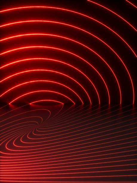 istock 3d render, abstract minimalist background. Red neon curvy lines glowing with infrared light 2192482830