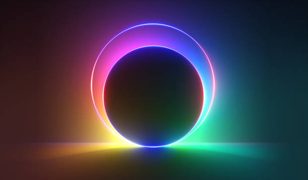 istock abstract neon background. Multicolored ambient light behind the round black hole. Blank showcase for product presentation 2192482843